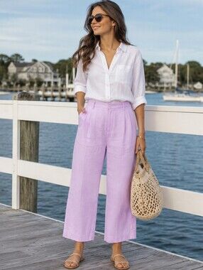 Ann Taylor Lilac Linen Blend Wide Leg Crop Pants Pleated High Rise Size 8 EUC